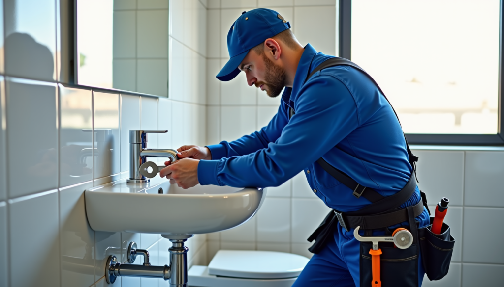 Plombier professionnel réparant des tuyaux sous un évier dans une salle de bain moderne.